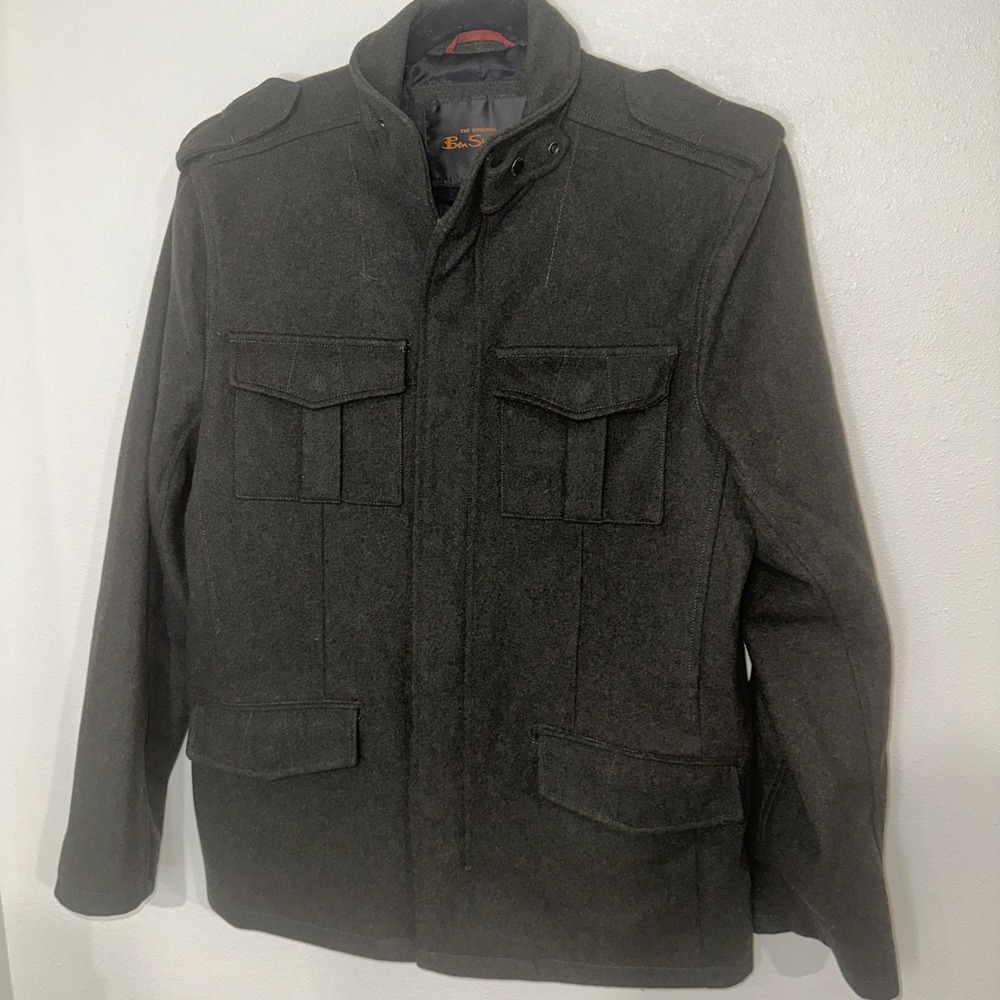 Ben Sherman Men's Large Military Style Gray Wool Blend Lined Coat Jacket Zip